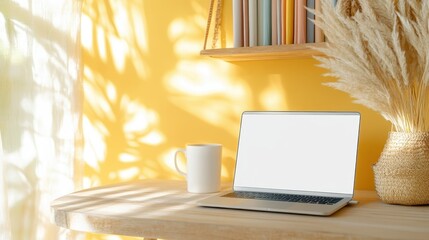 A warm, inviting workspace featuring a modern laptop, a cup, and a stylish decor setup that radiates positivity, perfect for productivity and creative inspiration.