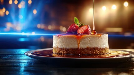Delicious Strawberry Cheesecake with Caramel Drizzle