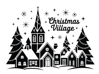 Obraz premium Festive Christmas Village Scene Winter Holiday Houses Snow Church Trees Lights, silhouette