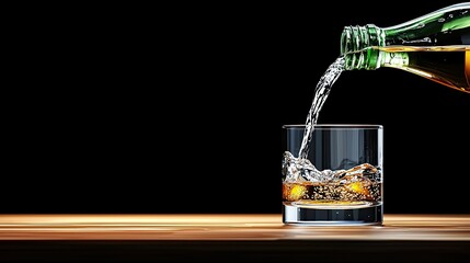 Whiskey Pour: Golden Liquor Poured into Glass on Wooden Table