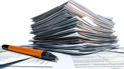 A large stack of papers and an orange pen, a visual representation of paperwork and bureaucracy.
