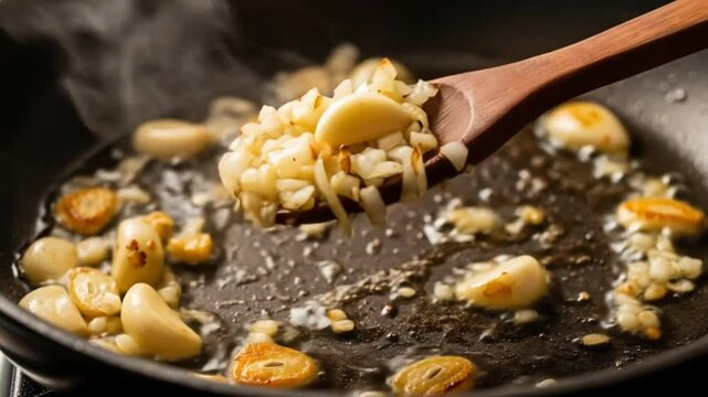 Close up of garlic being saut?ed in a hot pan with oil showing the cooking process