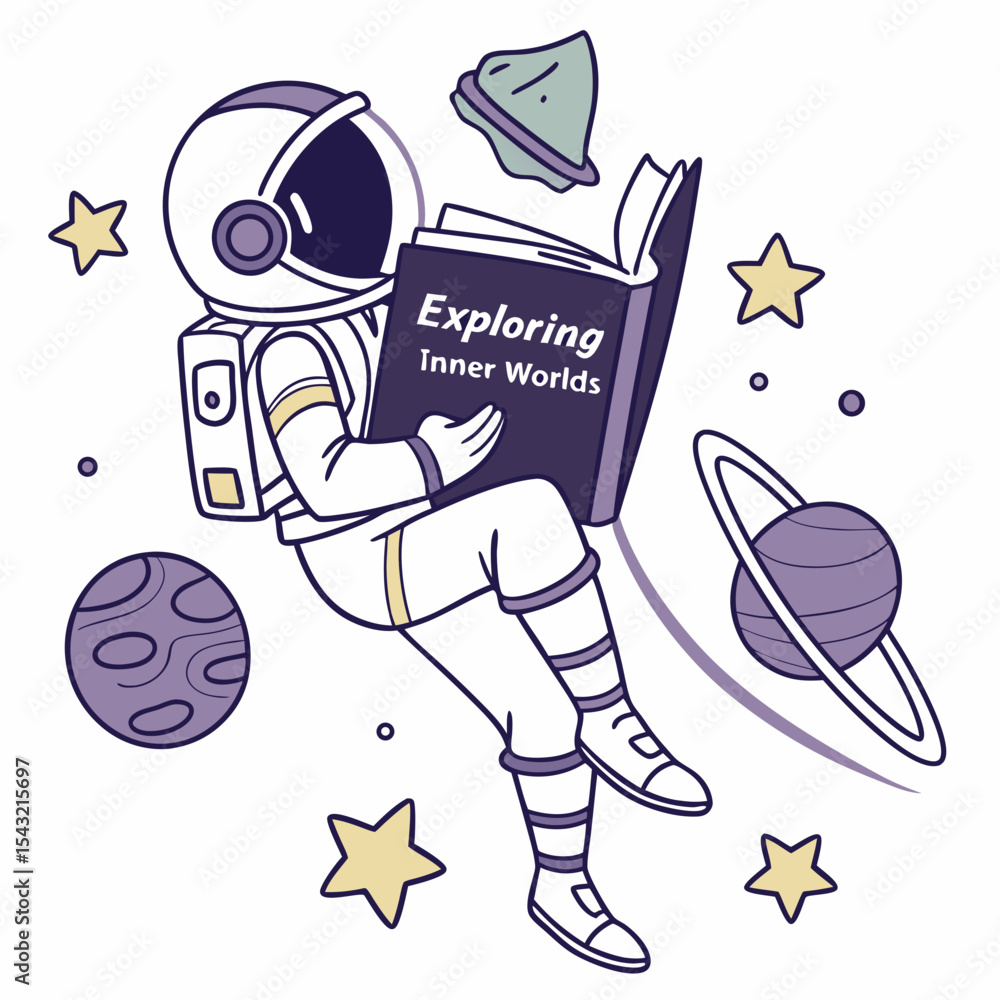 Poster astronaut reading exploring inner worlds book in space