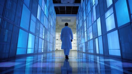 Fototapeta premium A healthcare professional walks through a modern hospital corridor illuminated by soft blue lights.