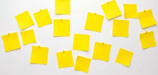 Several bright yellow sticky notes arranged on a pure white background,  macro,  vibrant