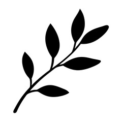 Simple black silhouette of a leafy branch on a plain white background