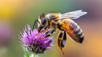 Honeybee on Purple Thistle: A Close-Up Macro Photography
