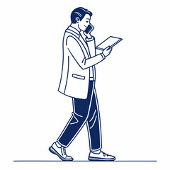 Businessman walking talking phone tablet digital device