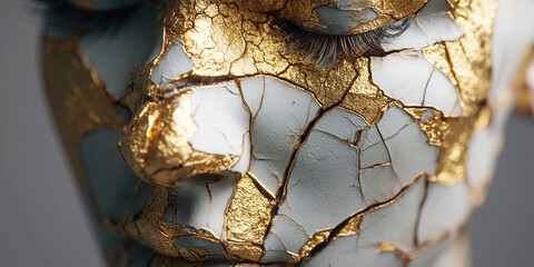 Kintsugi artistry transforming a human face symbolizing trauma and resilience in Japan