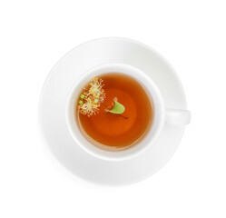 Tasty linden tea in cup, leaves and flowers isolated on white, top view