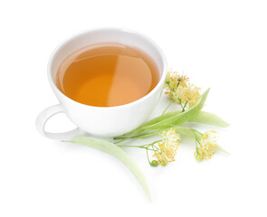 Tasty linden tea in cup, leaves and flowers isolated on white