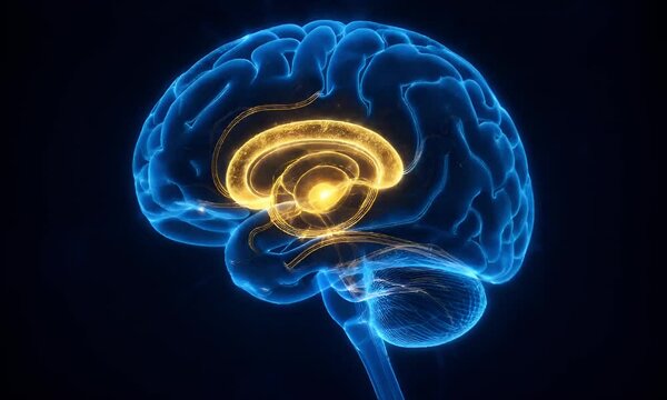 3D rendering of the human brain with highlighted thalamus and neural pathways, showcasing advanced neuroscience, cognition, and central nervous system anatomy.