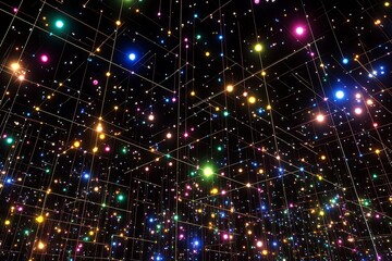 Fototapeta premium Abstract colorful light installation with geometric lines and bokeh effects in dark background