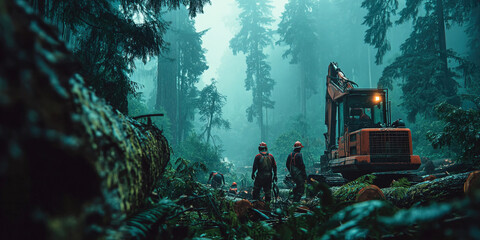 Brutal logging activity in a dense jungle forest with heavy machinery and lumberjacks