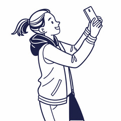 Happy girl taking selfie smartphone photo outdoors casual clothes