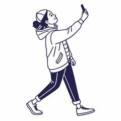 Young woman walking taking selfie smartphone happy casual