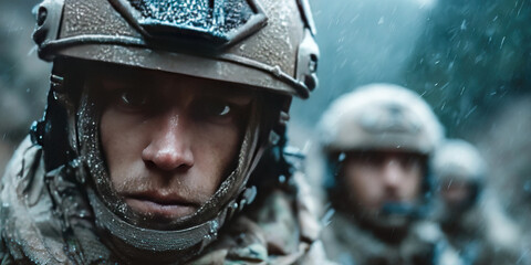 Special forces soldiers training in adverse weather conditions with weapons and camouflage