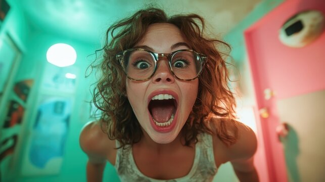 A playful young woman with curly hair and glasses, showcasing her excitement in a colorful room, embodying a spirit of joy, freedom, and positivity that resonates with viewers.