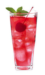 Tasty cherry soda water with ice cubes, berry and mint isolated on white