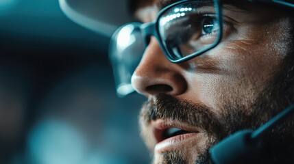 A close-up of an intense man wearing glasses and a headset conveys focus and determination, embodying professionalism and engagement in a high-stakes environment.