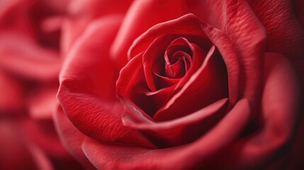 Naklejka premium An exquisite close-up of a velvety red rose, capturing its intricate petals and rich color, symbolizing love, beauty, and passion in nature.