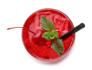 Tasty cherry soda water with ice cubes, berries and mint isolated on white, top view