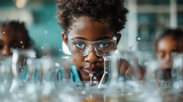 A young child with protective glasses investigates scientific liquids in beakers, showcasing curiosity and excitement for learning in a colorful lab environment. - Powered by Adobe