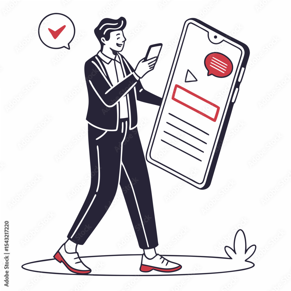 Aufkleber man walking with giant smartphone showing messaging app on white background