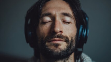 A peaceful man enjoying music through headphones, embodying tranquility and mindfulness in a calming atmosphere.