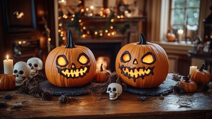 Fototapeta premium Halloween pumpkins on a rustic table, lit with candles and skulls