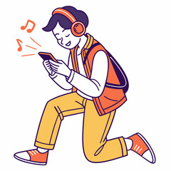 Happy boy listening music smartphone headphones transparent background