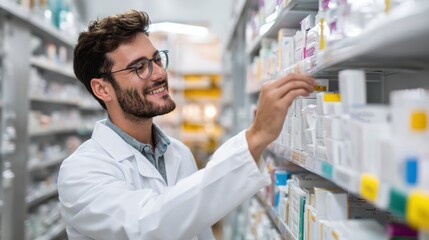 A pharmacist organizing shelves in a pharmacy, showcasing professionalism and dedication to health care.