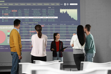 People having business training using video projector in conference room. Graphs and data on...