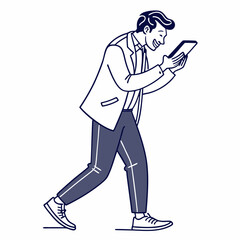 Happy businessman walking using tablet digital device