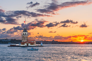 Istanbul, Turkey. Sunset on Bosphorus, Maiden Tower - Kiz Kulesi