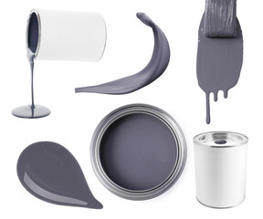 Grey paint. Collage with cans, drop, splash and brush on white background