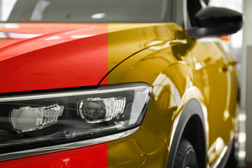 Modern red auto before and golden after painting, closeup. Comparative collage of car repaint