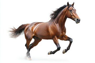 Obraz premium Majestic Brown Stallion Galloping with Power and Grace Equine Beauty Animal on White Background. Generative Ai