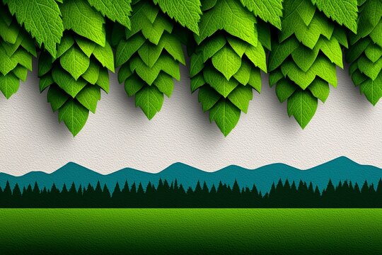 illustration of hops on mountain background, stylized hop leaves, design element for craft beer branding - Powered by Adobe