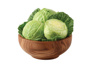Fototapeta premium Cabbage Green Sliced wooden bowl top view isolated white background