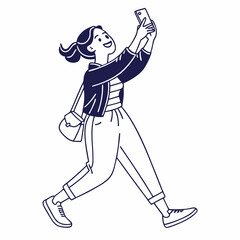 Happy young woman walking taking selfie smartphone