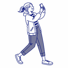 Happy young woman walking taking a selfie smartphone