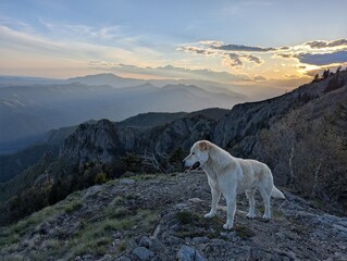 Dog in the Top of mountains on sunset. Romanian mountains views.