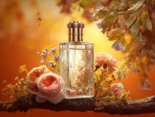 Elegant Glass Perfume Bottle Surrounded by Blooming Roses and Leaves in Golden Light