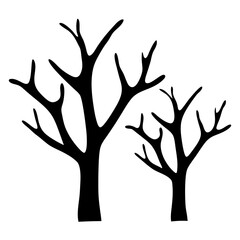 Silhouette of two bare winter trees against a white background for decoration