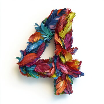 3D rendering of a number "4" made of colorful parrot feathers on a white background
