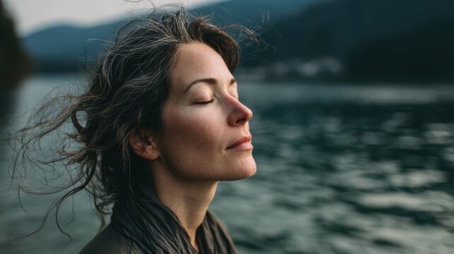 A serene woman meditates by the water, embracing peace and tranquility in a natural setting.