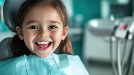 A cheerful young girl sits in a dental chair, expressing joy and excitement about her visit to the dentist, emphasizing the importance of dental health and positivity.