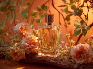 Elegant Glass Perfume Bottle Surrounded by Blooming Roses and Leaves in Golden Light