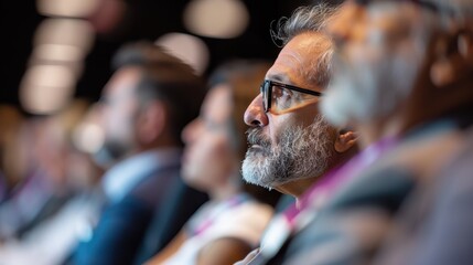 A focused audience at a business conference, captivated by a speaker, demonstrating shared interests and engagement in professional development and networking.